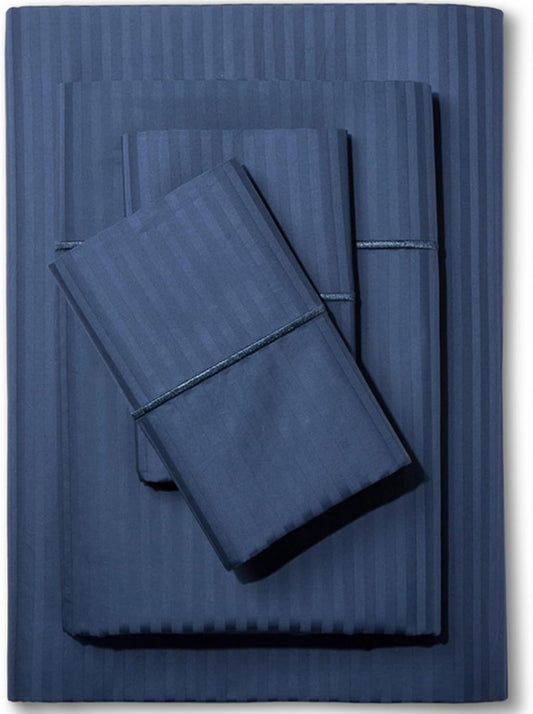 Feather & Stitch 500 TC California King Size Bed Sheet Set, 100% Cotton Soft Breathable Bedsheets, 4 Piece 18" Deep Pockets Sateen Weave Striped Bedding Mattress Resort Hotel - (Dark Blue Stripe)